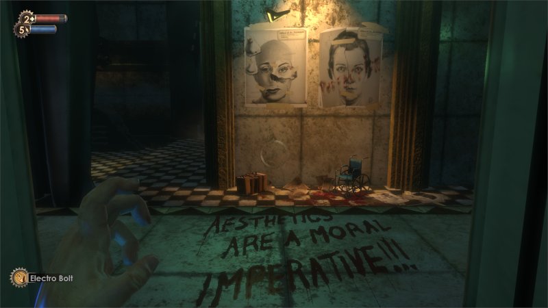"Aesthetics are a moral imperative" written in blood on the floor with pictures of mismatched faces hung on a wall