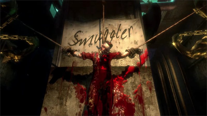 Splicer hung from a wall with the word "smuggler" written in blood behind him