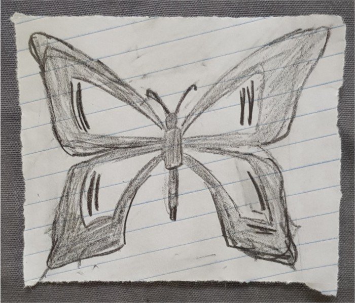 A drawing of a square-shaped butterfly with rectangular wing shapes and shaded edges, a thin long body, and long antennae