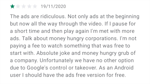 a Youtube app review against the sudden increase in ad frequency