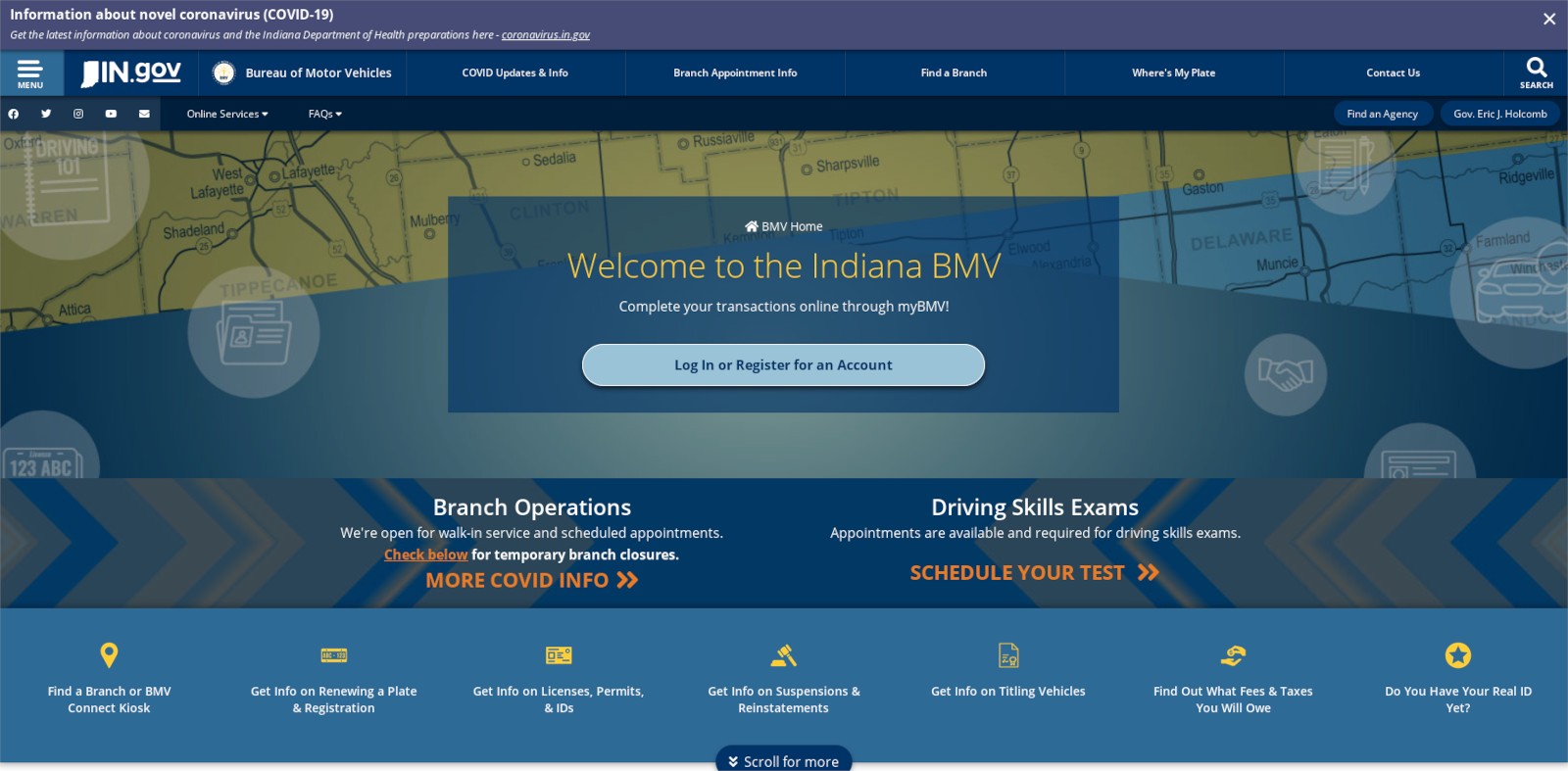 The main landing page of the Indiana bmv site, with a top bar, COVID-19 banner, portal area, and link anchor