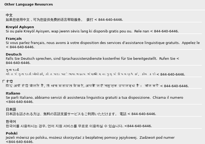 Various language translations telling people to call a phone number