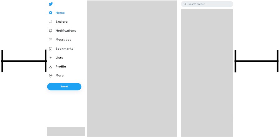 The Twitter main page layout on a desktop site, using horizontal space on either side of the page to emphasize the center of the page