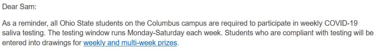 an email body stating that students who are compliant will be rewarded