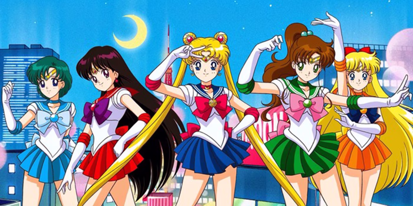 a Sailor Moon scene depicting all of the original Sailor Soldiers