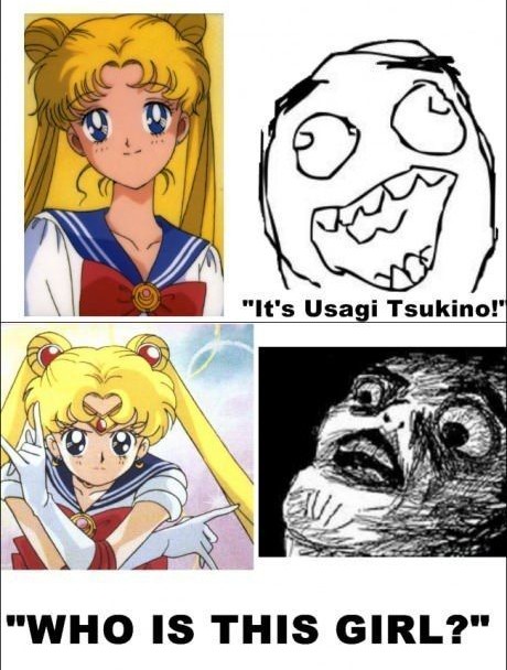 Sailor Moon and Usagi Tsukino appearance comparison. Both have the same appearance with slight alterations in wardrobe taste