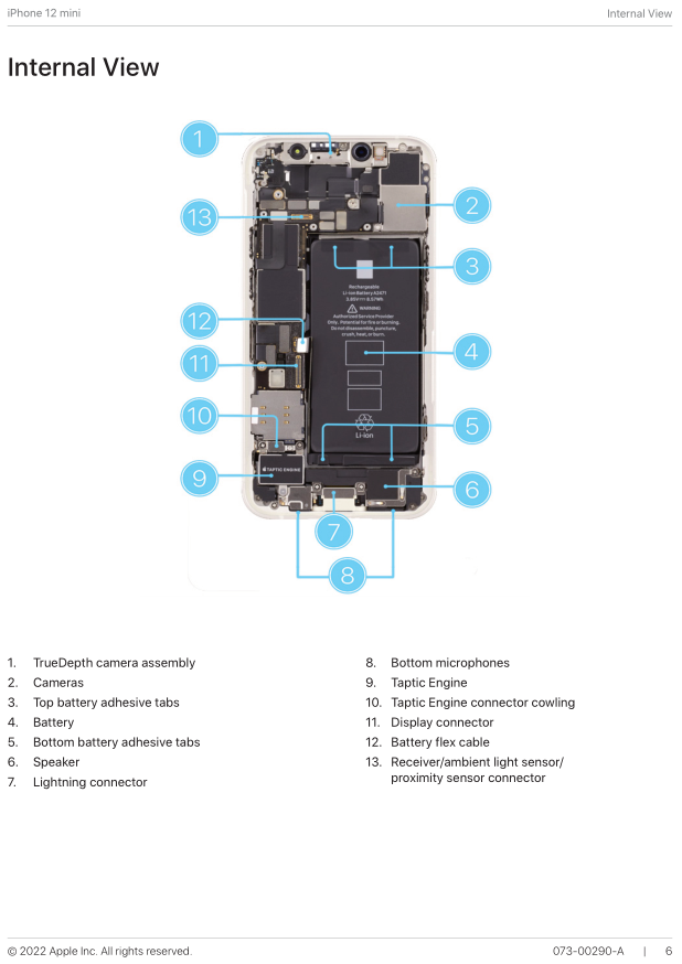 a sample internal view page of Apple's iPhone 12 Mini repair manual