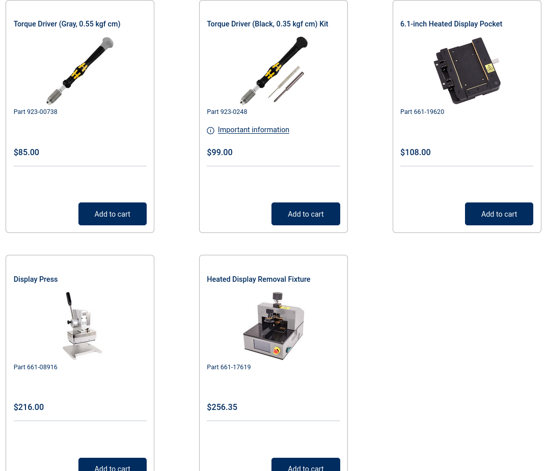 a few Apple repairation tools priced at up to $250 to fix a display screen