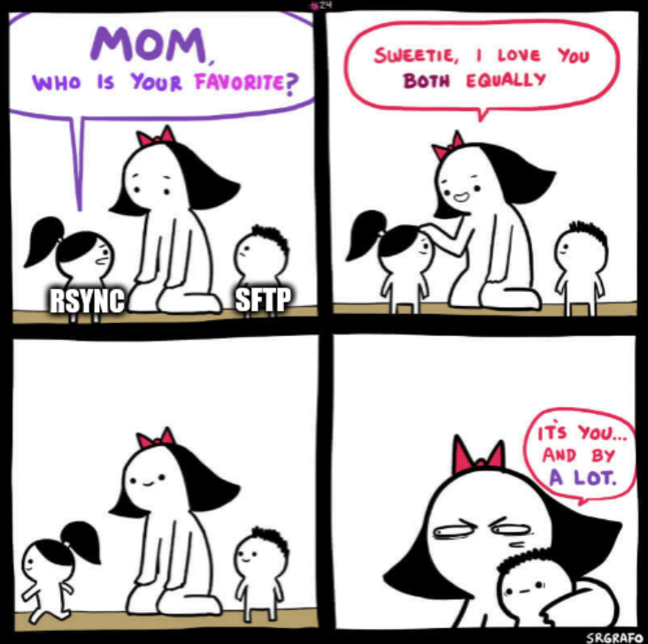 a meme of a mother favoring her child "sftp" more than her child "rsync"