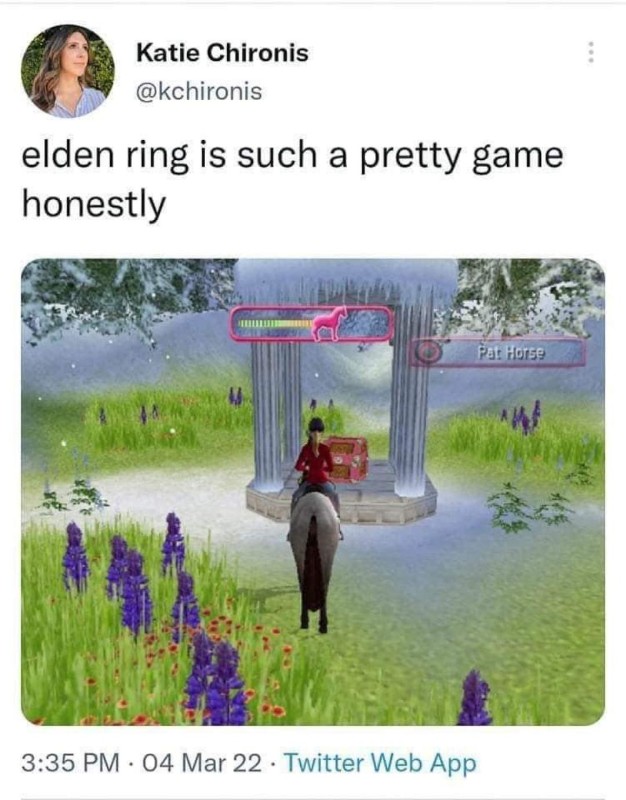 A tweet saying 'Elden Ring is such a pretty game honestly' and showing a screenshot of a barbie horse-riding game
