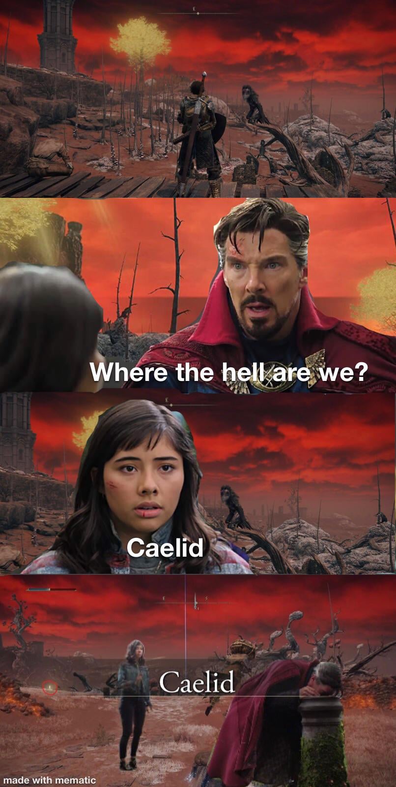 A photo of Doctor Strange going through the multiverse to Caelid, then throws up