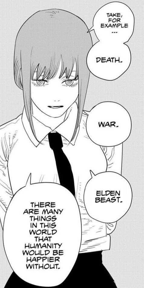A manga excerpt of a character saying 'Take, for example... Death. War. Elden Beast. There are many things in this world that humanity would be happier without.'