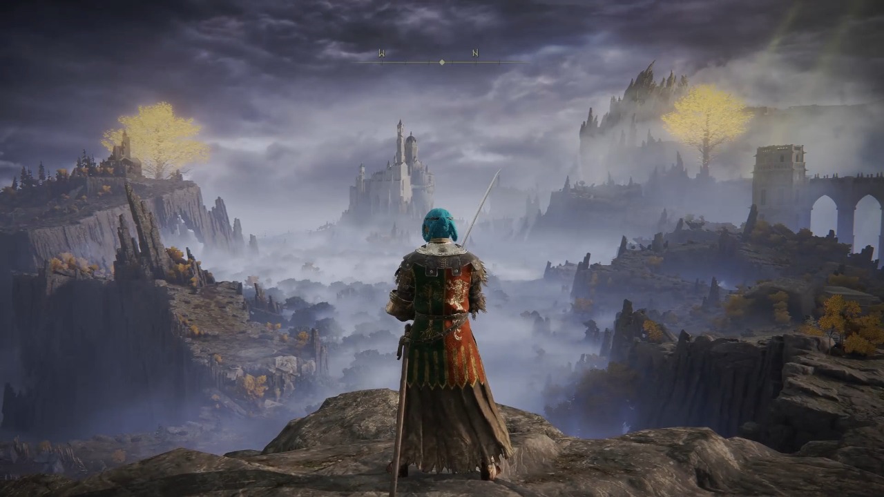My character standing on a cliff overlooking Liurnia of the Lakes
