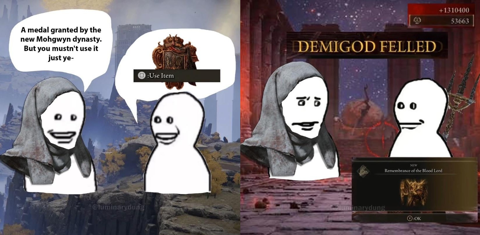A panel shows Varre saying 'A medal granted by the new Mohgwyn dynasty. But you must not use it just yet' and the player using the medal. A second panel shows 'Demigod felled' with Mohg's remembrance and Varre side-eyeing the player.