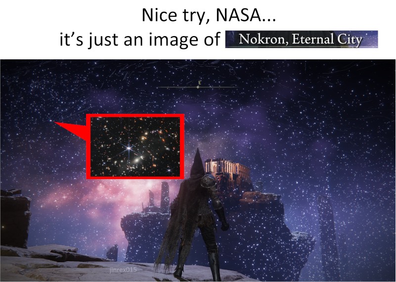 A photo of space taken by NASA, then a photo of the starry sky of Nokron with the caption 'Nice try, NASA... it is just an image of Nokron, Eternal City'.