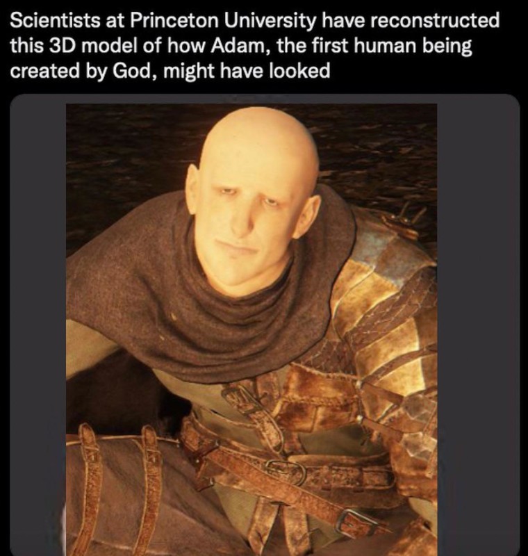 A caption reads 'Scientists at Princeton University have reconstructed this 3D model of how Adam, the first human being created by God, might have looked' with a photo of Patches the Untethered.
