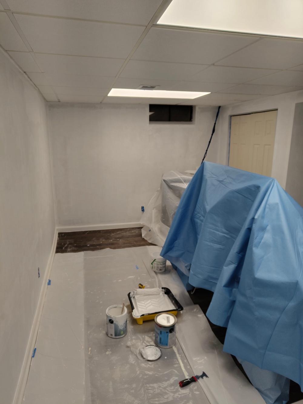 A picture of my home office with primed walls. The walls are splotchy but white.