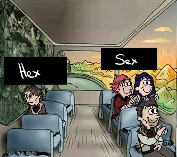 A picture of a bus. The left side of the bus has Viktor staring out the window at a dark rocky cliff with the caption 'hex'. The right side of the bus has Vi, Caitlin, and Jayce staring out the window at a beautiful mountain range and sunset with the caption 'sex'