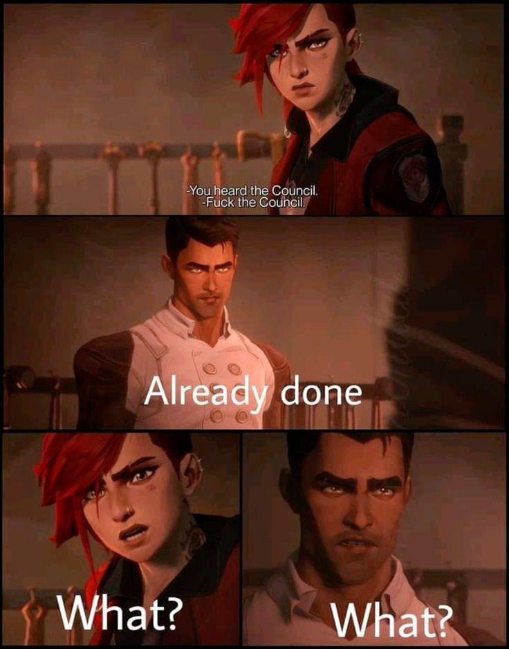 A scene from the show where Vi says 'Fuck the council'. Then another panel shows Jayce saying 'Already done'. A third panel shows Vi saying 'What?', then a final panel shows Jayce saying 'What?' in response