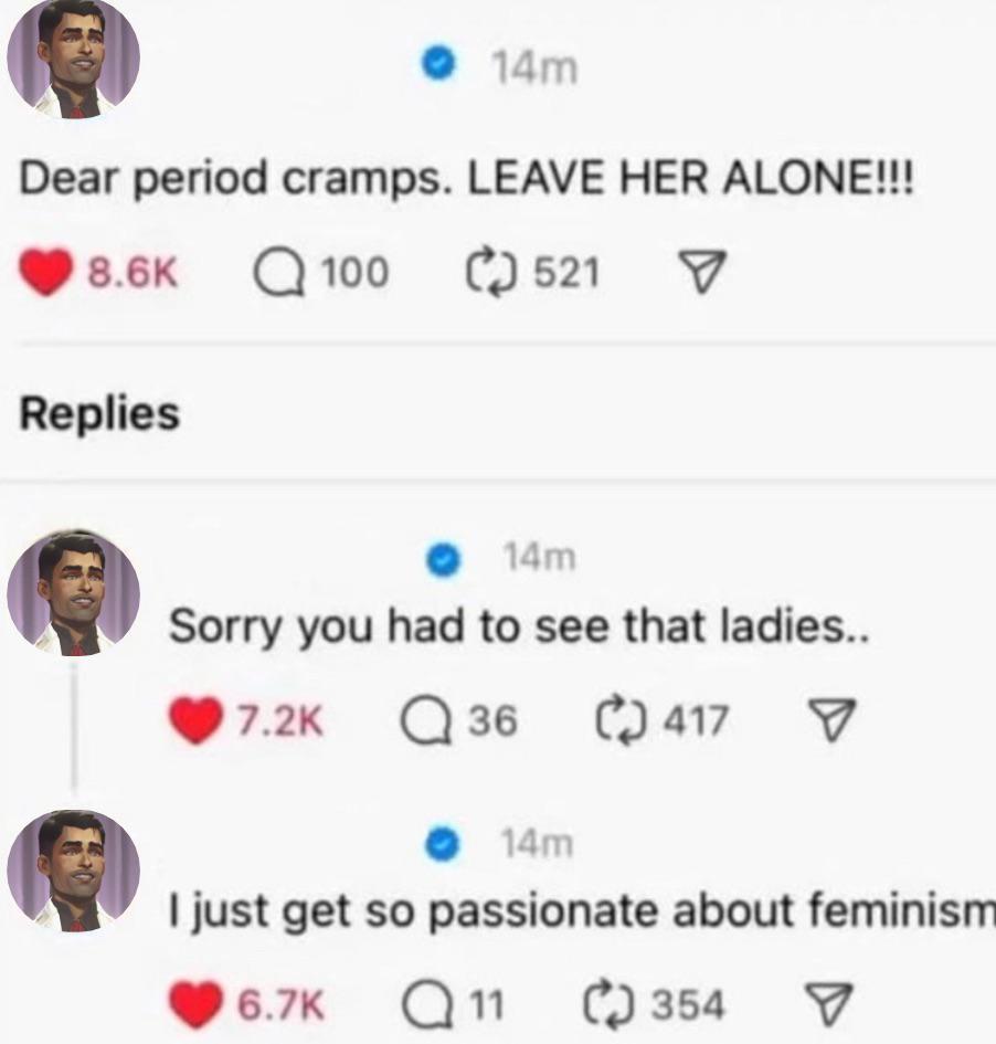 A fake Twitter thread of Jayce tweeting 'Dear period cramps. LEAVE HER ALONE!!!', then a reply 'Sorry you had to see that ladies..', then a reply of 'I just get so passionate about feminism'