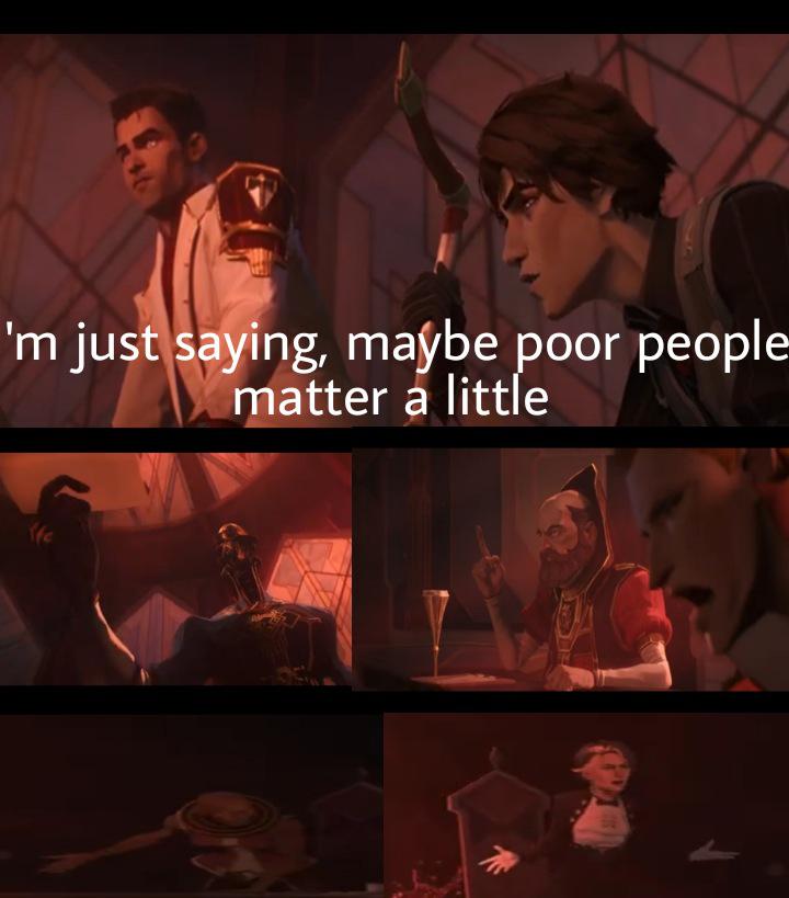A picture of Jayce and Viktor in the council with the caption 'im just saying, maybe poor people matter a little'. The next few panels show all the council members yelling or angry