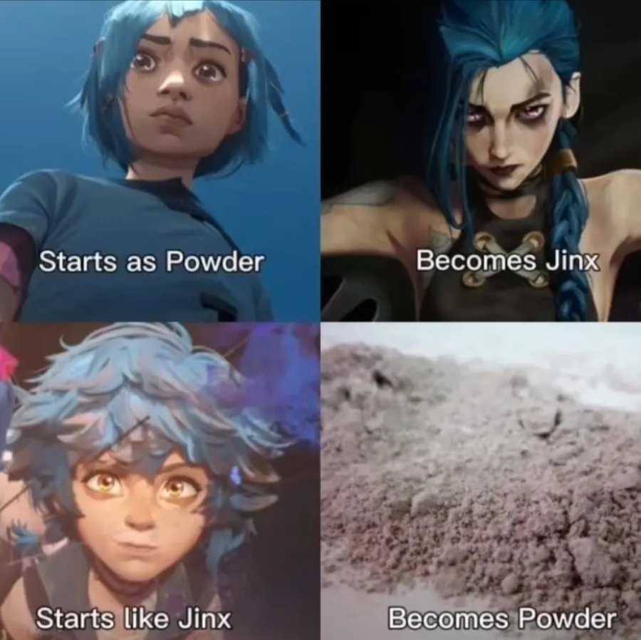 A panel shows a picture of the character Powder with the caption 'Starts as powder'. A second panel shows a picture of the character Jinx with the caption 'Becomes Jinx'. A third panel shows a picture of the character Isha with the caption 'Starts like Jinx'. Finally, a fourth panel shows a picture of dust with the caption 'Becomes powder'