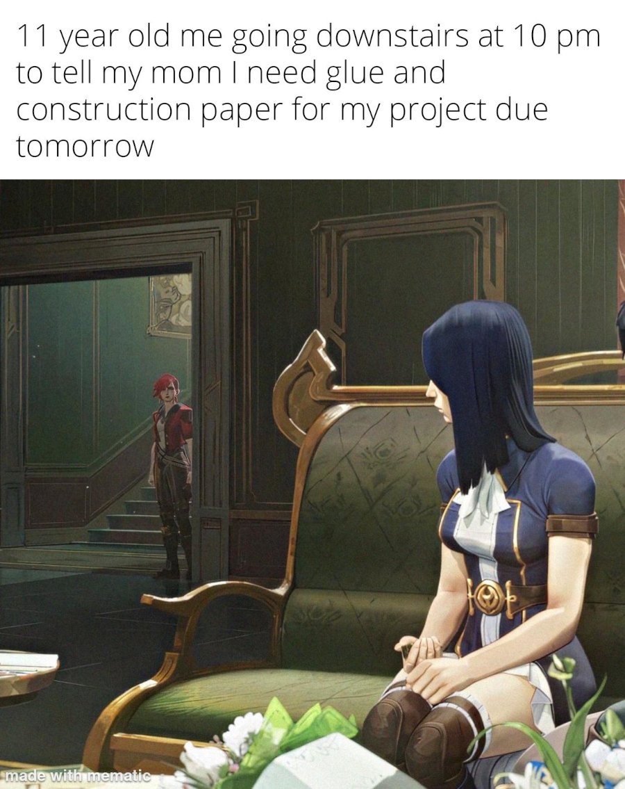 A picture of a scene where Caitlin sits in her house while Vi watches her from a distance outside the room. A caption reads '11 year old me going downstairs at 10 pm to tell my mom I need glue and construction paper for my project due tomorrow'