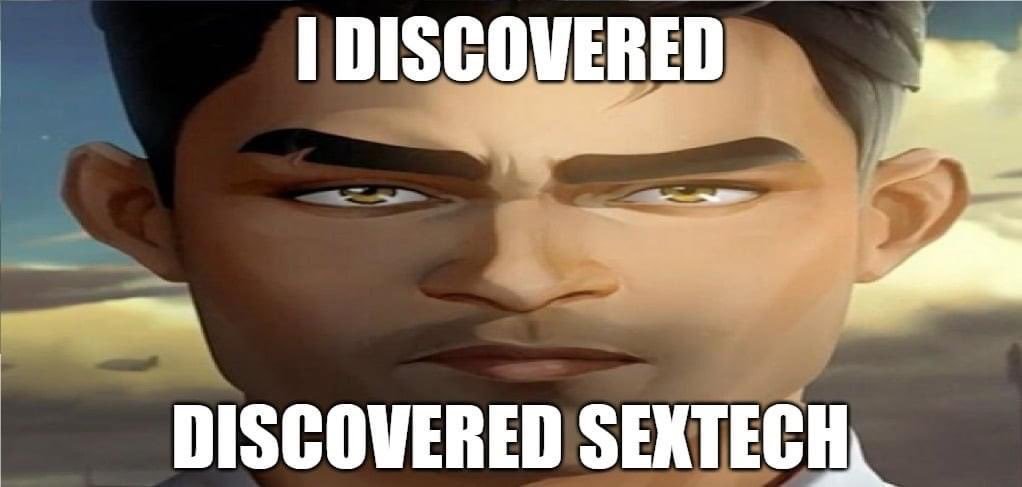 A stretched photo of Jayce with the caption 'I discovered sextech'