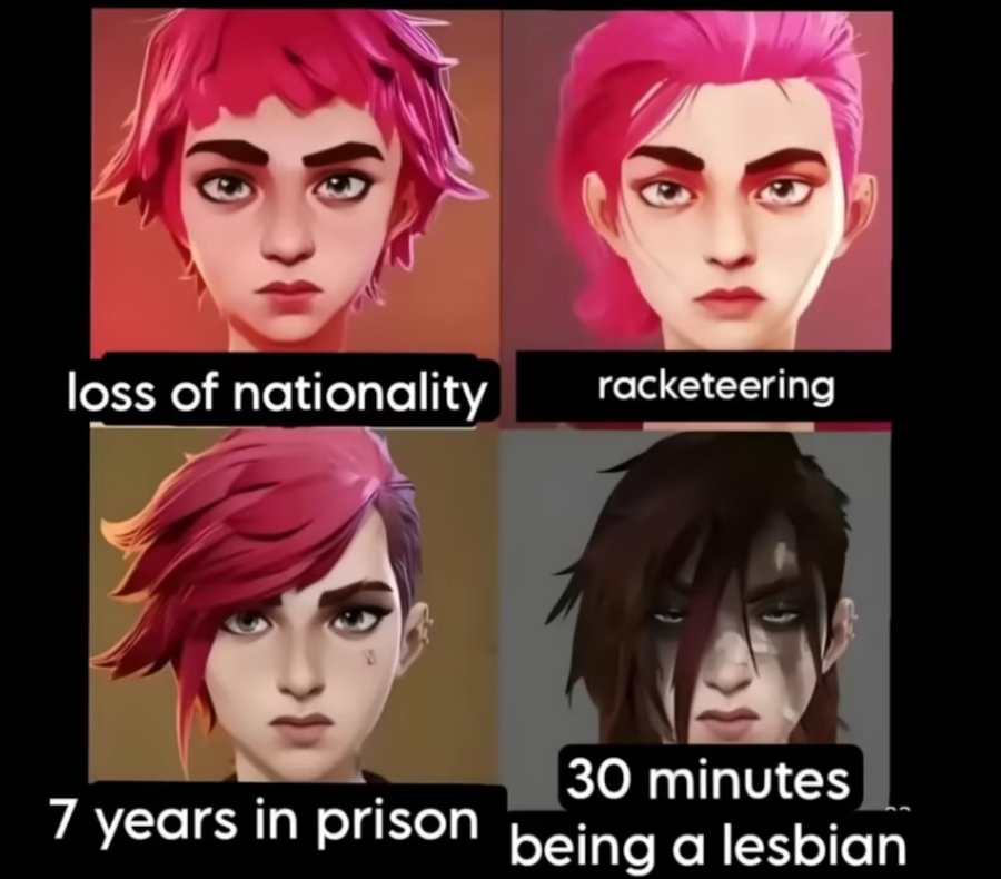 A four panel picture. The first panel shows a picture of very young Vi with short hair with the caption 'loss of nationality'. The second panel shows a picture of young Vi with longer hair with the caption 'racketeering'. The third panel shows a picture of late season 1 Vi with the caption '7 years in prison'. The fourth panel shows a picture of season 2 Vi with black hair and black face paint with the caption '30 minutes being a lesbian'