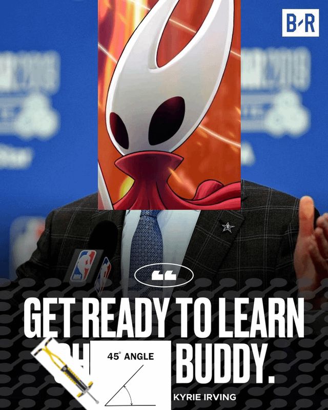 An edited quote of Kyrie Irving that reads: 'Get ready to learn 45 degree angle pogo buddy.'