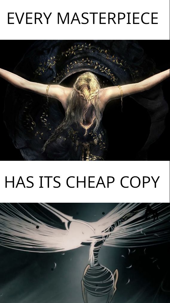 A top image displays Queen Marika from Elden Ring in her iconic U-shaped pose with the caption 'Every masterpiece'. A bottom image displays Grane Mother Silk in the same pose during the Lost Lace fight with the caption 'has its cheap copy'