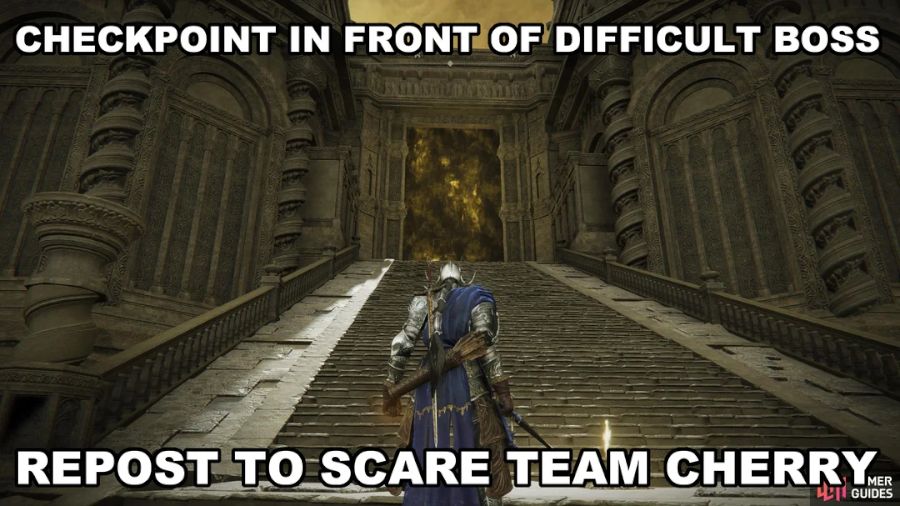 The site of grace right before Elden Ring's Promised Consort boss fight with the caption 'checkpoint in front of difficult boss, repost to scare Team Cherry'