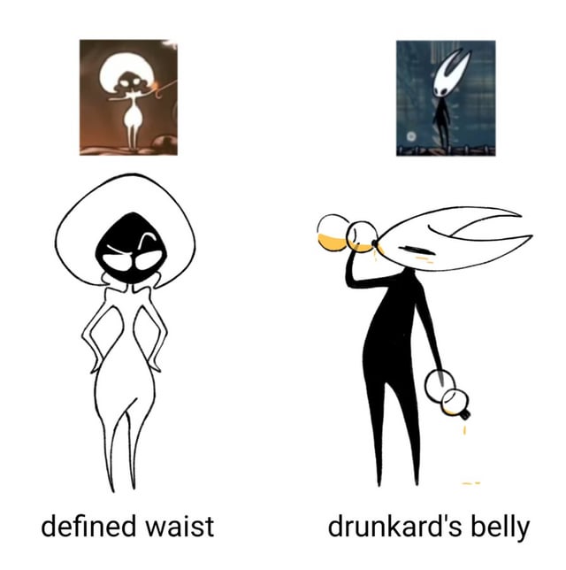 An artist's drawing of Lace and Hornet side by side. Lace has the caption 'defined waist' referring to her curved waist while Hornet has the caption 'drunkard belly' referring to her slightly large tummy in her animated stick figure form