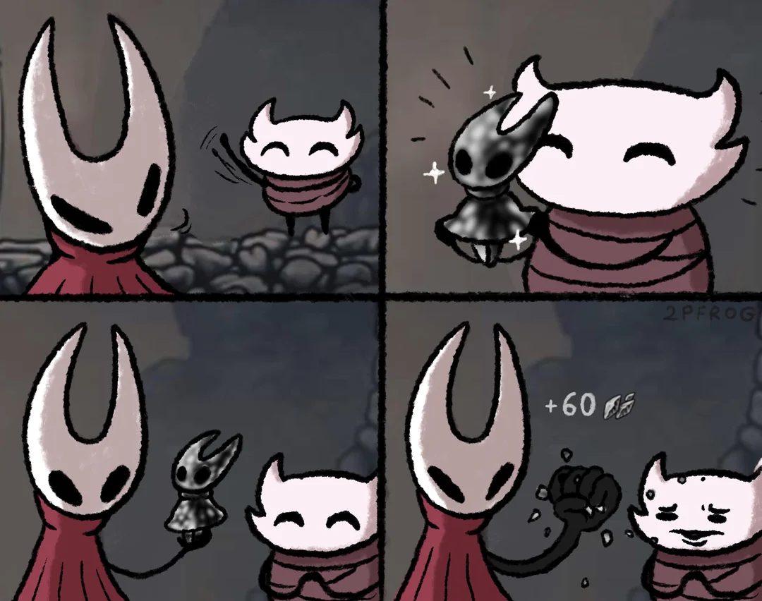 An artist rendition of Flick the Fixer giving Hornet a statuette created from shell shards only for her to crush it to dust in her hands as Flick watches with a pained expression