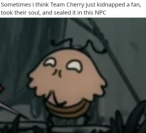 A picture of Kratt the flea with the caption 'Sometimes I think Team Cherry just kidnapped a fan, took their soul, and sealed it in this NPC'