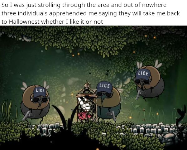 A group of flies from the Slab wearing hats that say 'LICE' capturing Hornet in their cage with the caption 'So I was just strolling through the area and out of nowhere three individuals apprehended me saying they will take me back to Hallownest whether I like it or not'