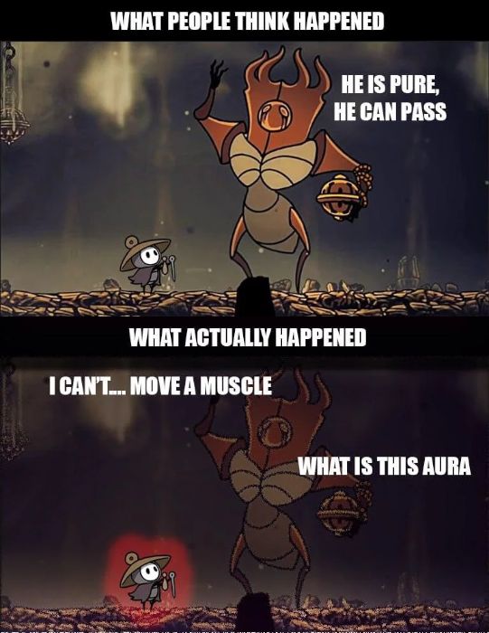 A two panel meme. The first panel has the caption 'What people think happened' with the Last Judge saying to Sherma, 'he is pure, he can pass'. The second panel has the caption 'What actually happened' with the Last Judge saying 'I can't... move a muscle. What is this aura' while Sherma plays her chimes