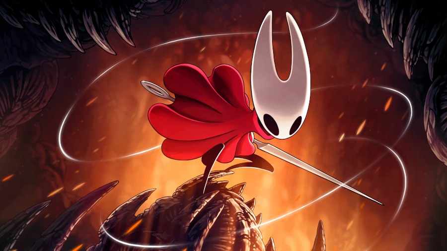 The cover art of Hollow Knight: Silksong. Hornet is wielding her needle posing to battle an unseen enemy.