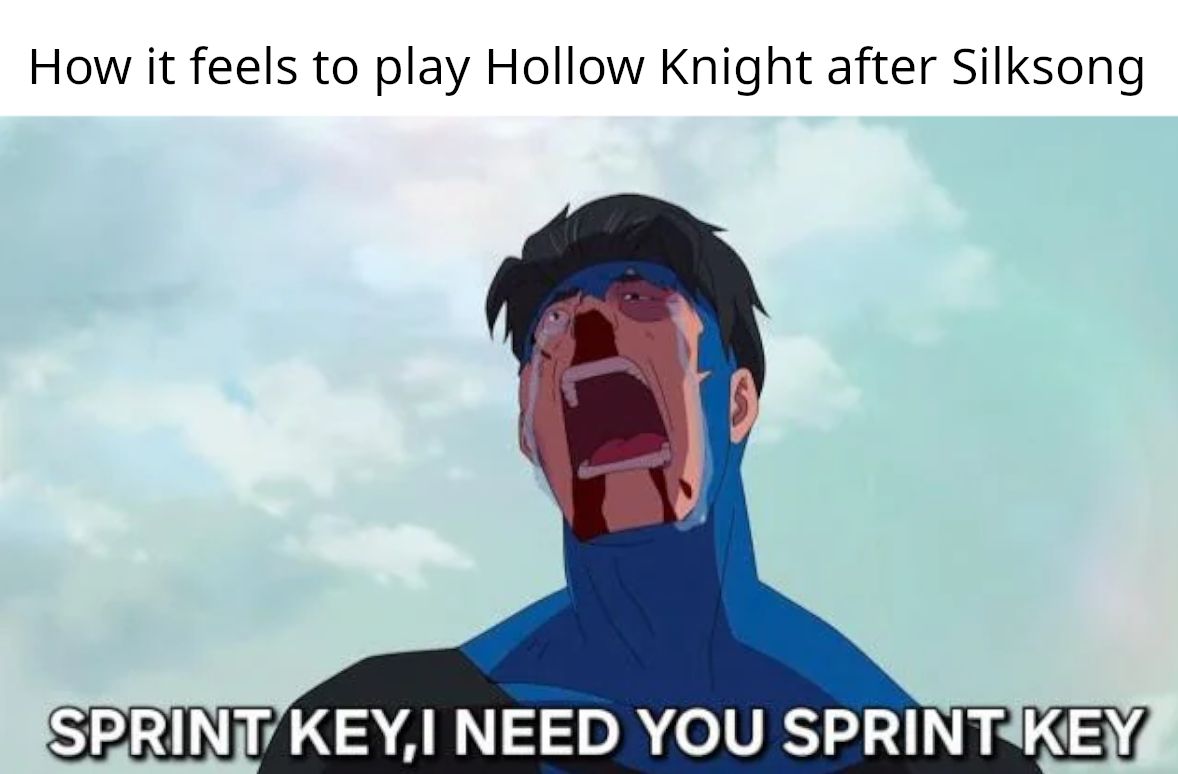 A caption reads 'How it feels to play Hollow Knight after playing Silksong' with an image of Invincible during the Conquest fight crying and screaming 'SPRINT KEY! I NEED YOU SPRINT KEY!'