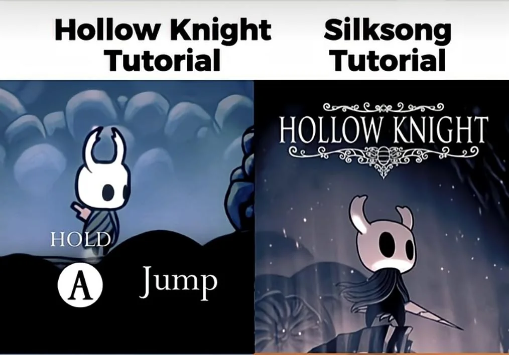 On the left, a caption reads 'Hollow Knight tutorial' with a picture of the Knight and a screen prompt to hold 'A' to jump. On the right, a caption reads 'Silksong tutorial' with a picture of the Hollow Knight game